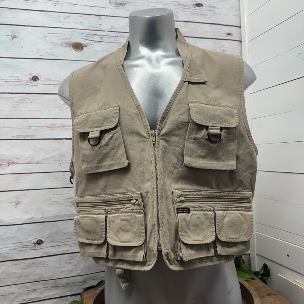 Woolrich John Rich Vest Size Mens Large Khaki Tan Safari Fishing Travel Utility